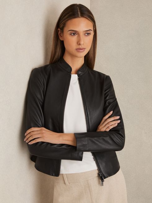 Leather Collarless Biker Jacket in Black