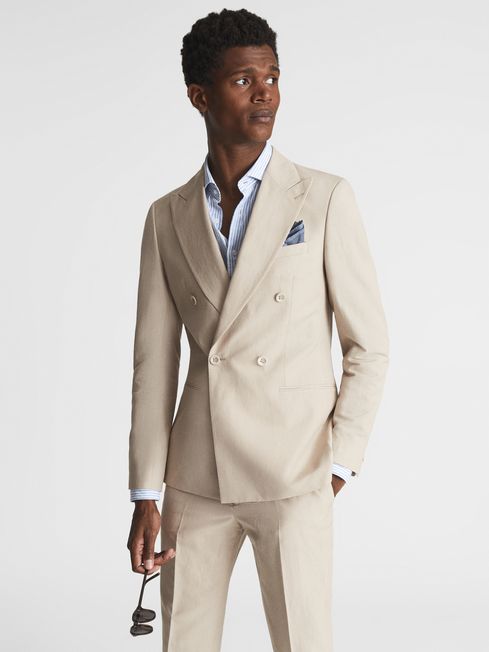 Double Breasted Linen Slim Fit Blazer in Stone REISS