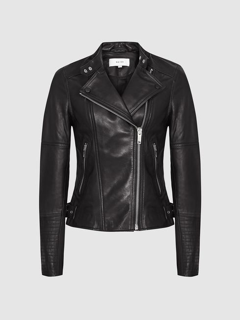 Leather Biker Jacket in Black REISS