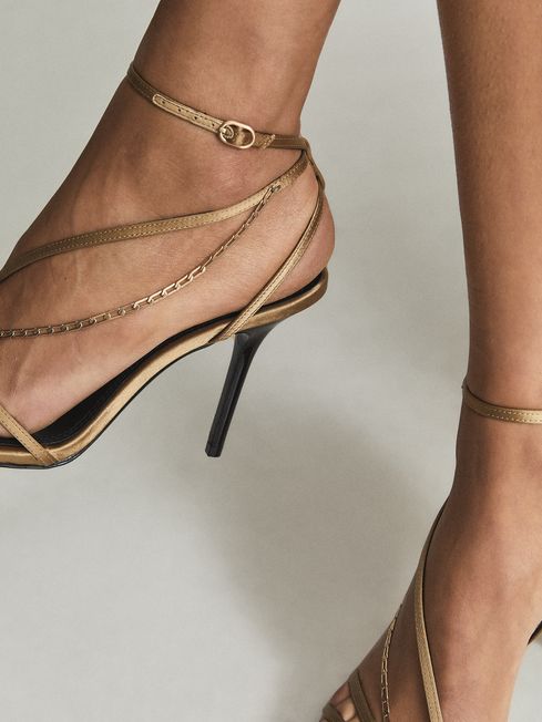 Reiss Gold Adela Leather Chain Strappy Sandals