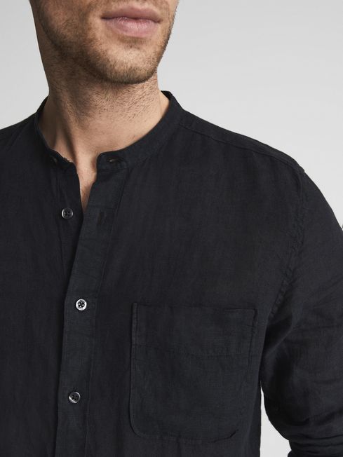 Linen Grandad Collar Shirt in Black