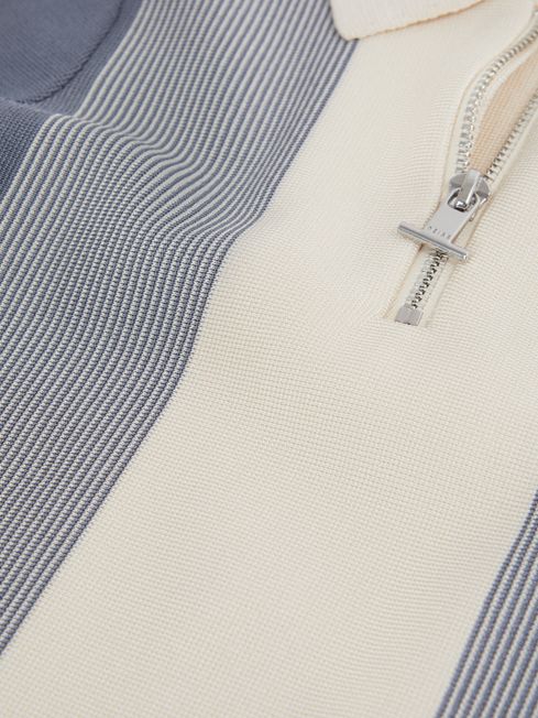 Junior Half-Zip Striped Polo Shirt in Airforce Blue/Ecru