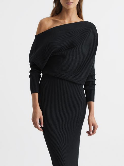 Off-The-Shoulder Ribbed Midi Dress in Black