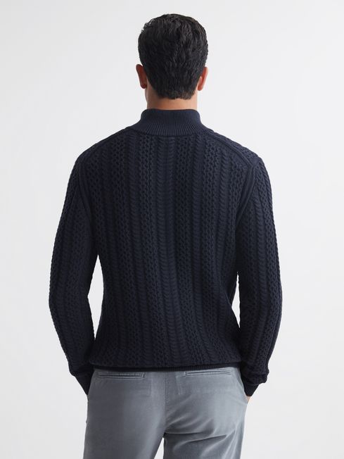 Cable Knit Half-Zip Funnel Neck Jumper in Navy