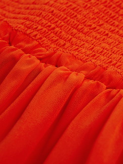 Florere Round Neck Shirred Mini Dress in Bright Orange