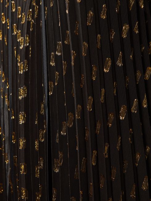 Florere Sheer Metallic Long Sleeve Midi Dress in Brown