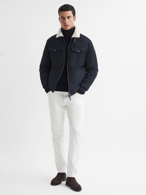 Reiss Navy Harvey Quilted Faux Shearling Collar Coat