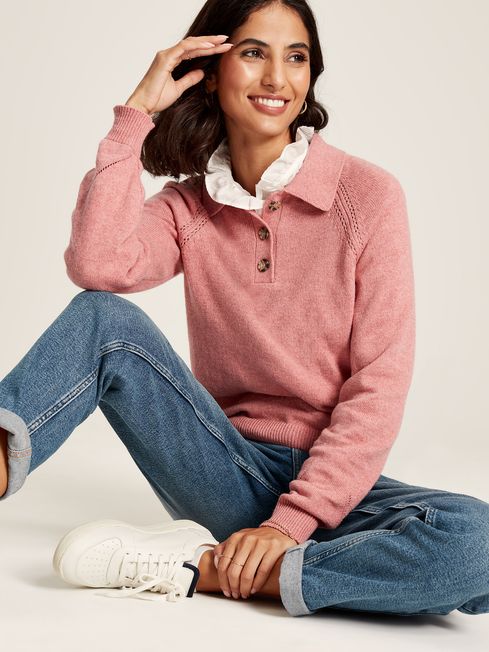 Mia Pink Pointelle Jumper With Collar Joules
