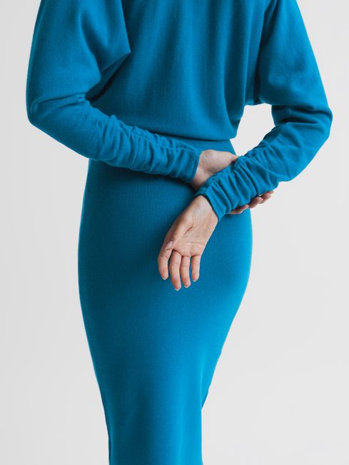 Wool Blend Ruched Sleeve Midi Dress in Blue