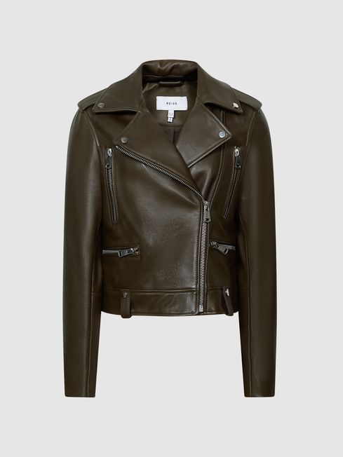 Leather Biker Jacket in Green REISS