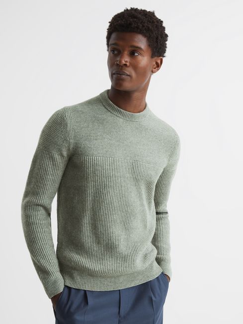 Crew Neck Ribbed Jumper in Sage REISS