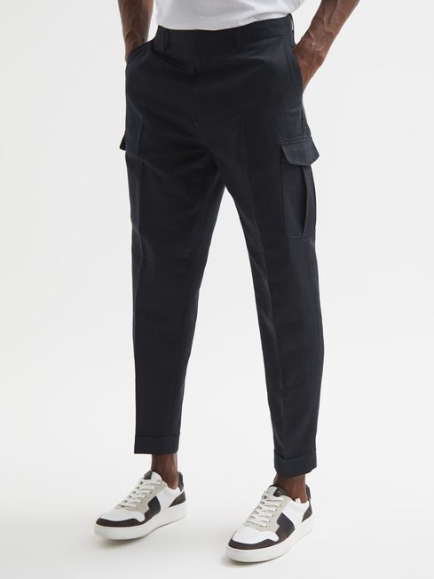 Reiss Navy Grade Relaxed Cropped Cargo Trousers