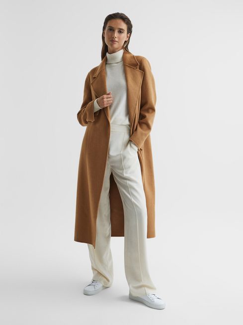 100 Cashmere Wool Blindseam Long Coat in Camel