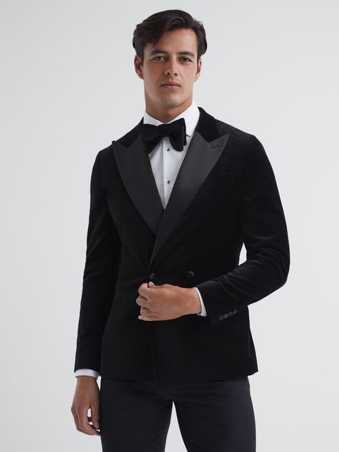 Reiss Samba Double Breasted Slim Fit Satin Lapel Velvet Blazer REISS