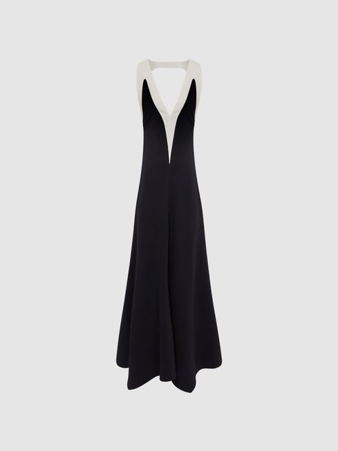 Colourblock V Neck Midi Dress in Black White