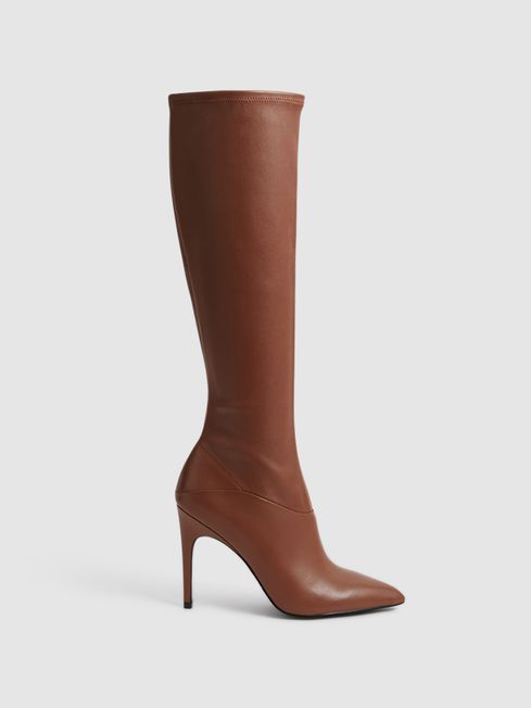 Knee High Leather Boots in Tan REISS