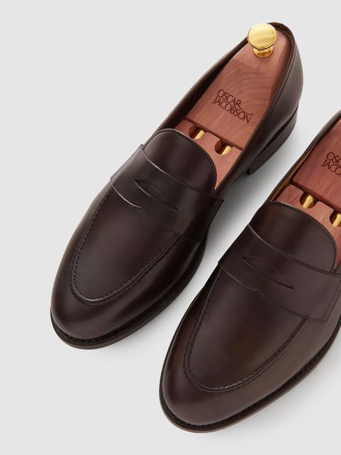 Oscar Jacobson Leather Penny Loafers in Dark Brown