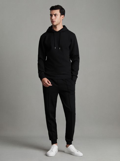 Reiss Black Fabien Interlock Jersey Drawstring Hoodie