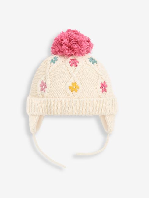 JoJo Maman Bébé Cream Girls' Floral Embroidered Cable Hat