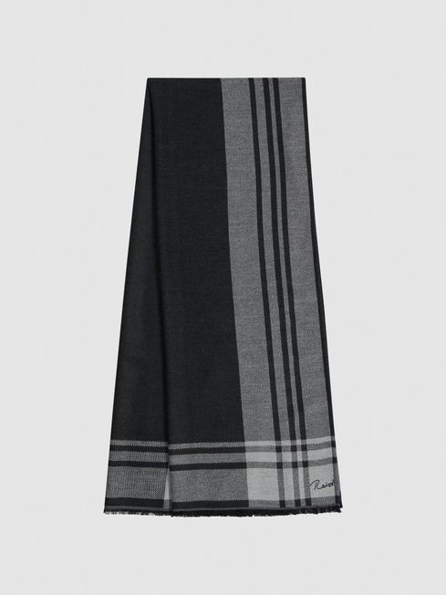Reiss Black/White Clara Checked Embroidered Scarf