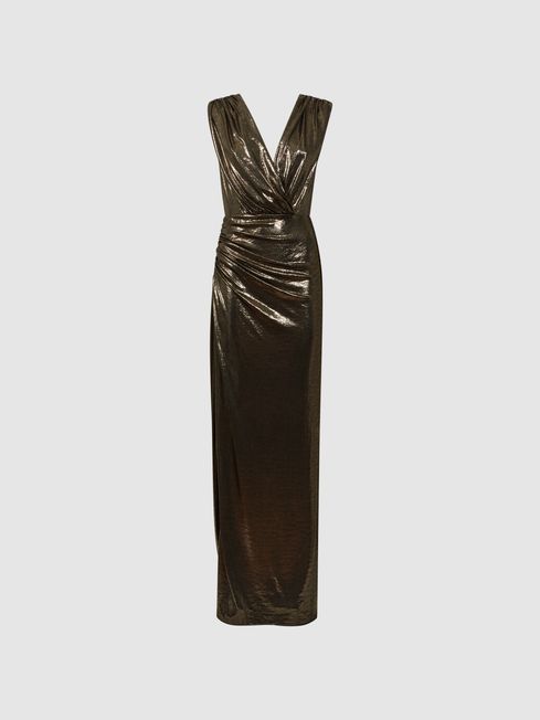 Reiss Antique Gold Misha Halston Metallic Front Slip Maxi Dress