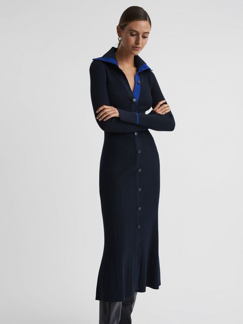 Reiss Navy/Blue Millie Petite Knitted Ribbed Midi Dress