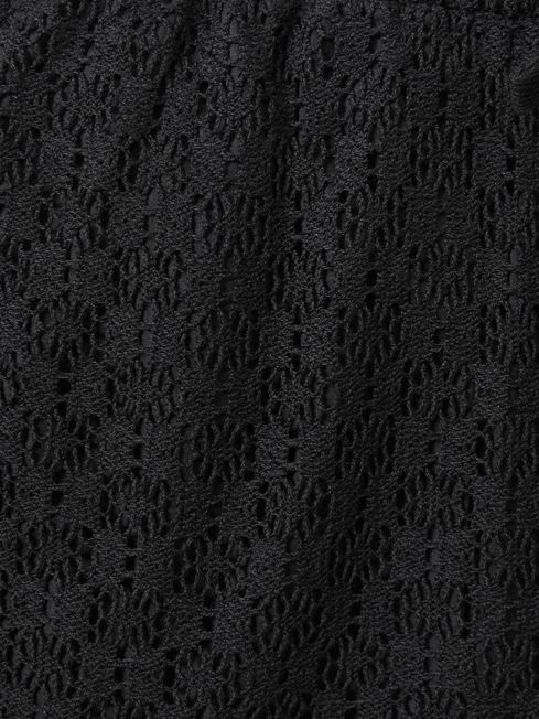 Cotton Blend Crochet Drawstring Shorts in Black