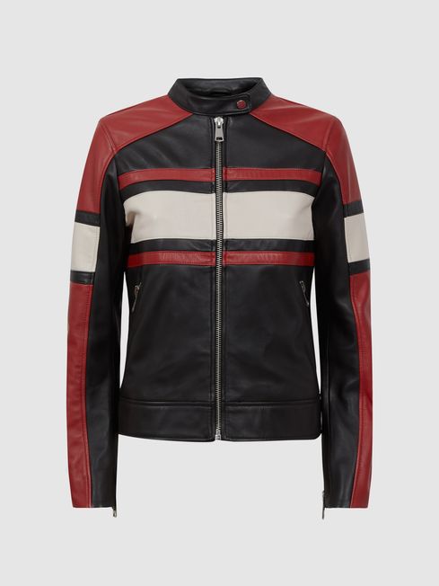 Reiss Black Red Rae Leather Collarless Zip Through Jacket