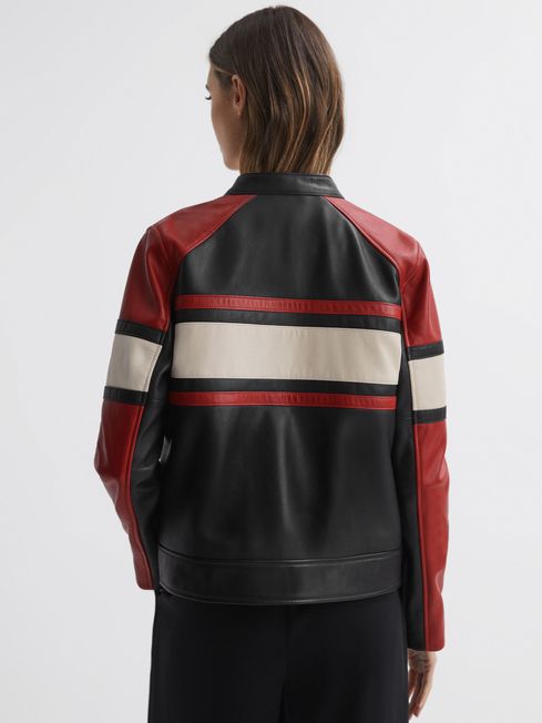 Reiss Black/Red Rae Leather Collarless Zip-Through Jacket