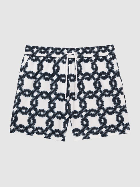 Reiss White Navy Chain Print Drawstring Swim Shorts