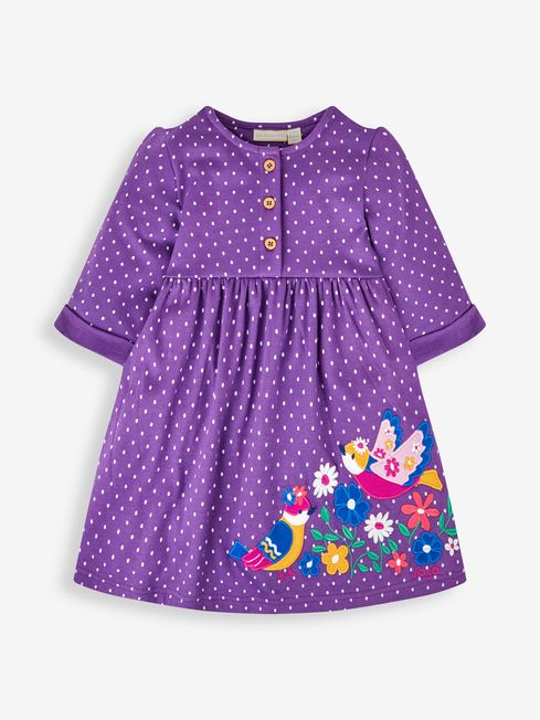 JoJo Maman Bébé Purple Bird Girls' Appliqué Button Front Dress