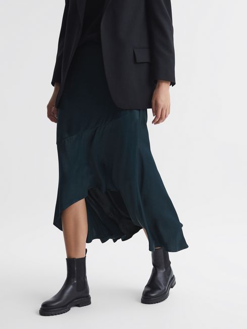 Satin High Rise Midi Skirt in Teal