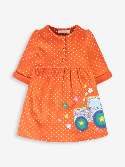 JoJo Maman Bébé Rust Orange Tractor Girls' Appliqué Button Front Dress