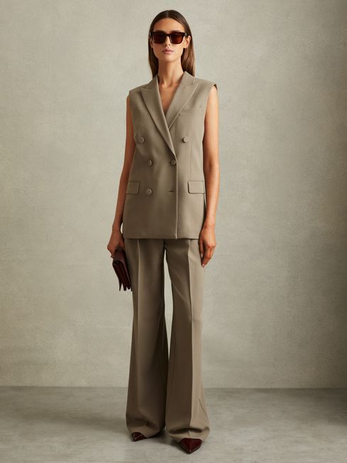 Reiss Khaki Madelyn Petite Wide Leg Front Pleat Suit Trousers