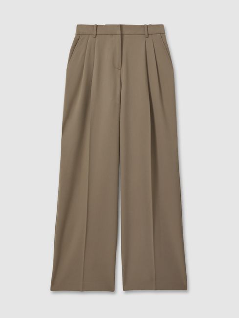 Reiss Khaki Madelyn Petite Wide Leg Front Pleat Suit Trousers