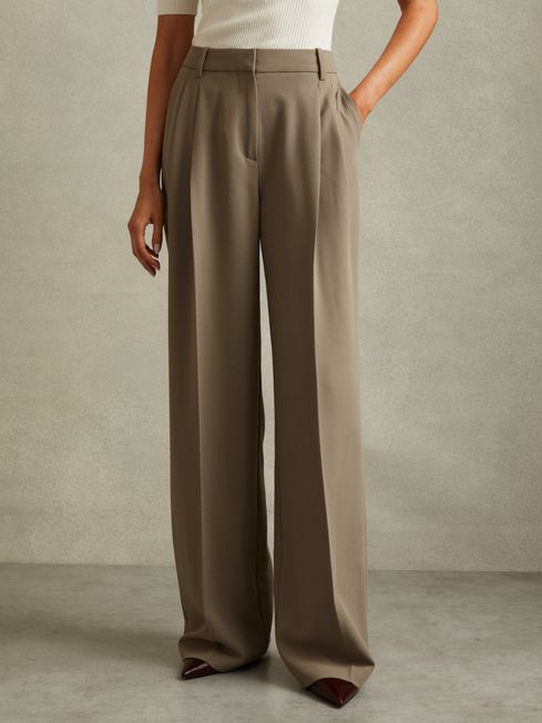 Reiss Khaki Madelyn Petite Wide Leg Front Pleat Suit Trousers