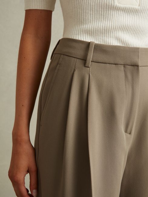 Reiss Khaki Madelyn Petite Wide Leg Front Pleat Suit Trousers