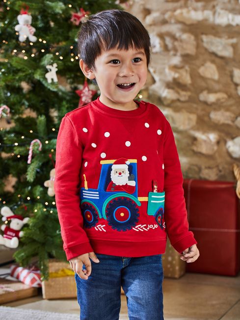 JoJo Maman Bébé Red Santa In A Tractor Appliqué Sweatshirt