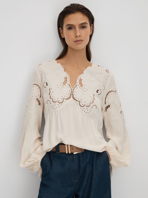 Reiss Noa Lace Cut-Out Blouse | REISS Rest of Europe