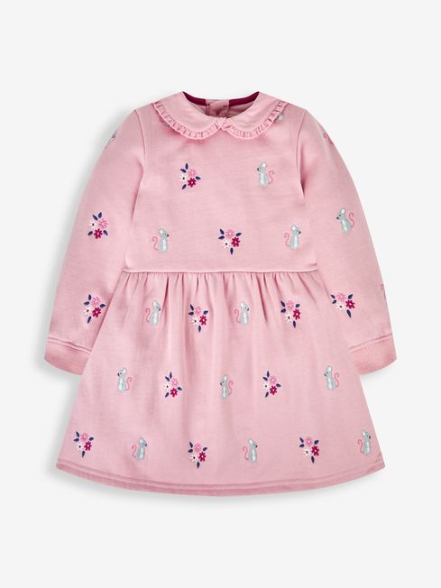 JoJo Maman Bébé Pink Mouse Girls' Embroidered Sweat Dress With Collar