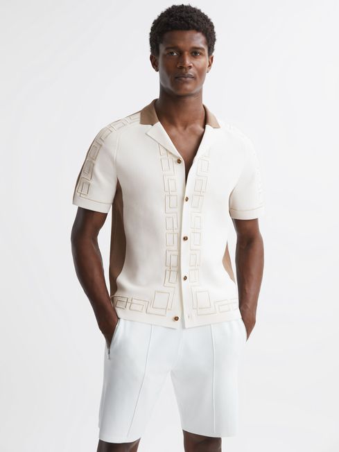 Reiss Ivory Hawk Embroidered Cuban Collar Shirt