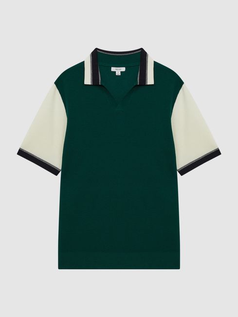 Reiss Bright Green/Ecru Kingsford Open Collar Striped T-Shirt