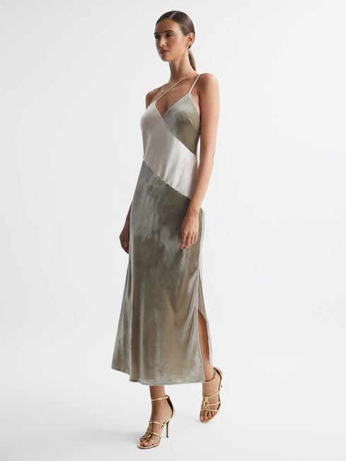 Reiss Silver Keeley Silk-Velvet Asymmetric Strap Midi Dress