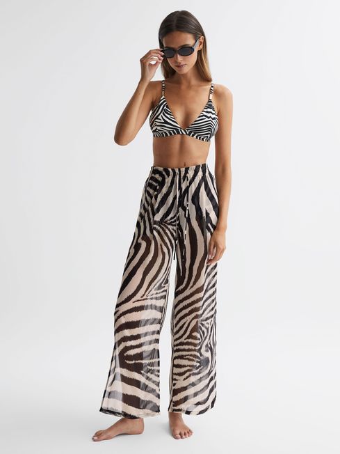Reiss Black/White Farley Zebra Print Split Hem Beach Trousers