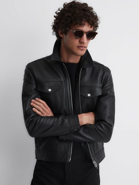 Reiss Black Carp Leather Zip Through Jacket