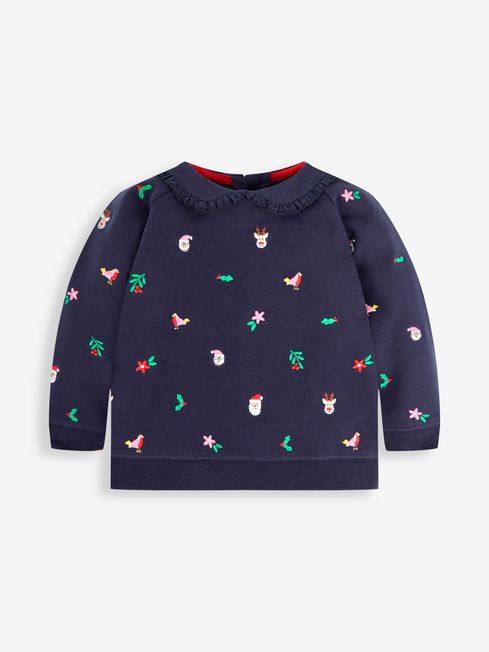 JoJo Maman Bébé Navy Girls' Christmas Embroidered Sweatshirt With Collar