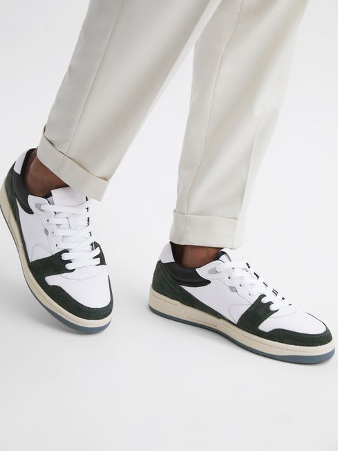 Leather Colourblock Lace Up Trainers in Forest Green REISS Canada