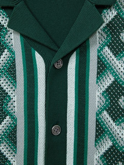 Reiss Green Multi Hyde Senior Knitted Cuban Collar Button-Through Shirt