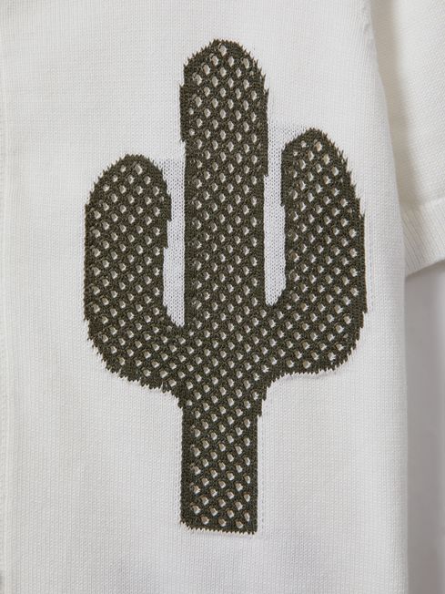 Reiss Ecru/Green Takla Senior Knitted Cactus Cuban Collar Shirt