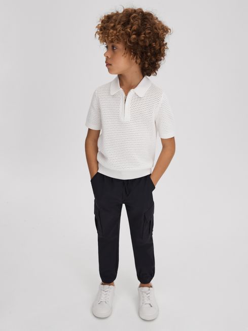 Reiss Optic White Burnham Junior Textured Half-Zip Polo T-Shirt